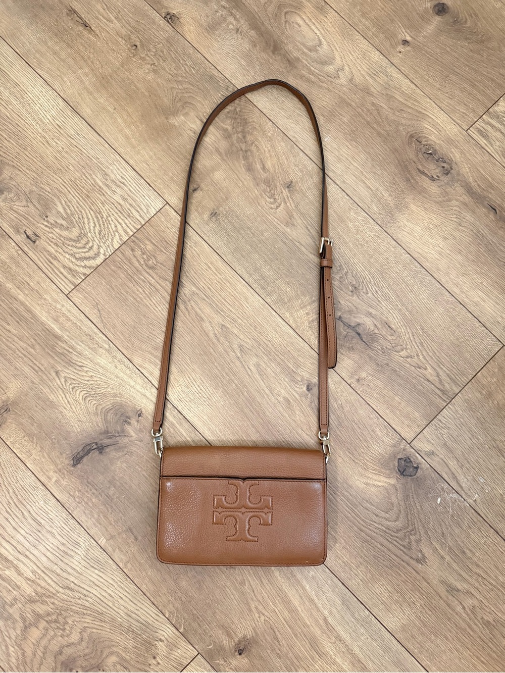 Tory Burch Tan Pebbled Leather Crossbody with Embossed Logo